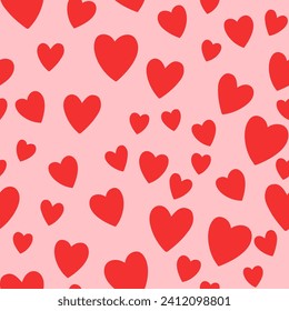 All over seamless vector repeat pattern with flying red hand drawn doodle hearts on pink background. Simple cute kids Valentines day background