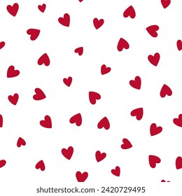 All over seamless vector repeat pattern with ditsy small red hand drawn doodle hearts tossed on white background. Simple cute Valentines day background