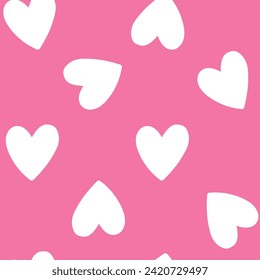 All over seamless vector repeat pattern with big white hand drawn doodle hearts on medium hot pink background. Simple cute kids Valentines day background