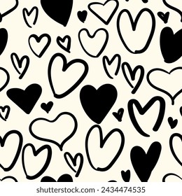All over seamless vector repeat pattern with irregular hand drawn black hearts on a cream background. Versatile Valentines day love backdrop, men, youth, young people, teenager grunge hearts