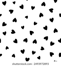 All over seamless vector repeat pattern with ditsy small black hand drawn doodle hearts tossed on white background. Simple cute Valentines day background