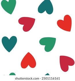 All over seamless vector repeat pattern with big hand drawn hearts in Christmas red and green colors tossed on white.