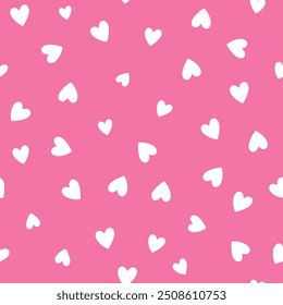 All over seamless vector repeat pattern with ditsy white hand drawn doodle hearts tossed on hot pink background. Simple cute Valentines day background