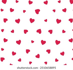 Por todo el patrón de repetición de Vector sin costuras con Pequeños corazones de doodle dibujados a mano rojos arrojados sobre fondo blanco. Fondo lindo simple del día de San Valentín