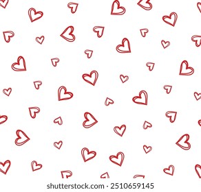 All over seamless vector repeat pattern with ditsy small red hand drawn doodle hearts tossed on white background. Simple cute Valentines day background