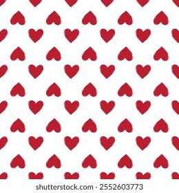 Por todo el patrón de repetición de Vector sin costuras con Pequeños corazones de doodle dibujados a mano rojos arrojados sobre fondo blanco. Fondo lindo simple del día de San Valentín