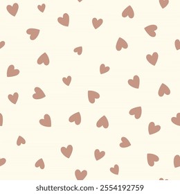 All over seamless vector repeat pattern with ditsy small earth tone mocha mousse color hand drawn doodle hearts tossed on cream background. Simple cute Valentines day backdrop