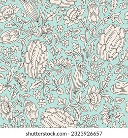 all over seamless vector stock flowers leaves pattern on green background