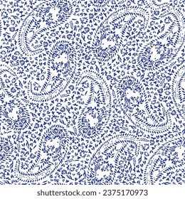 all over seamless vector texture blue paisley small flowers leaves pattern of white