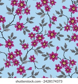 all over seamless vector violet stock small flowers with grey leaves pattern on blue background