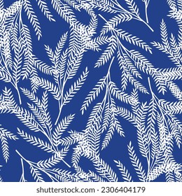 all over seamless vector white small leaves pattern on blue background