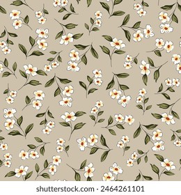 all over seamless vector yellow stock small flowers with green leaves pattern on cream background