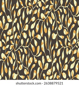 all over seamless vector yellow and cream leaves pattern on brown background