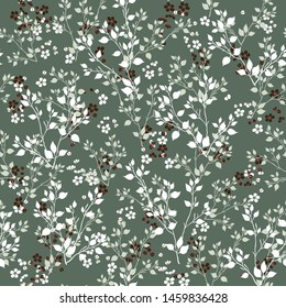 all over small floral flowers with leaves pattern on green background