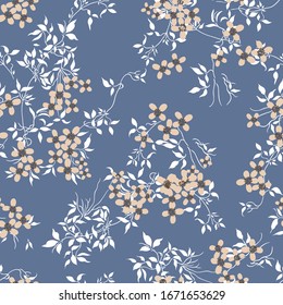 all over small vector flowers with leaves pattern on blue background