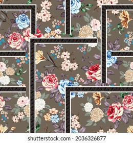 All Over Vector Flowers With Leaves Bandanna Pattern On Background