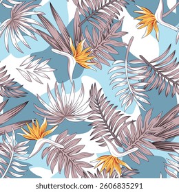 All over vector flowers and leaves pattern on blue background