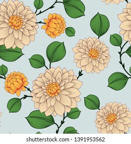 All over vector flowers pattern on blue background