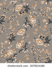 All over vector flowers pattern on brown background