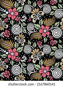 All over vector flowers pattern on black background