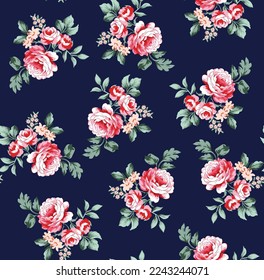 All over vector flowers pattern and floral pattern on navy background