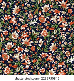 all over vector flowers pattern and floral pattern on navy background