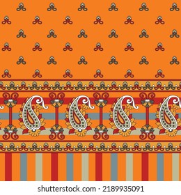 All over vector paisley pattern and border pattern on red background