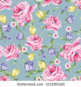 all over vector red and blue  flower pattern on grey background