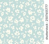 All over vector seamless repeat pattern with ditsy tossed cream flowers on light teal blue background. Simple and versatile retro cottage everyday ditsy floral backdrop. Shabby chic floral backdrop.