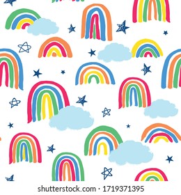 All over vector seamless repeat pattern in bright neon colors with clouds and sketched stars, thick sloppy marker rainbows and clouds