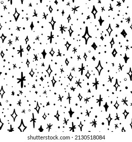 All over vector seamless repeat pattern with ditsy twinkling shining black stars on white background
