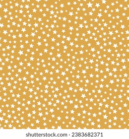 All over vector seamless repeat pattern with ditsy tossed white stars on golden mustard background. Versatile everyday and kids backdrop in golden honey mustard color.