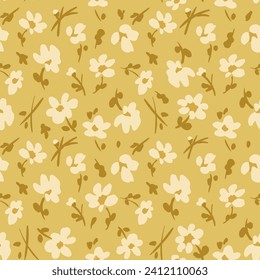 All over vector seamless repeat pattern with ditsy tossed flowers on golden mustard background. Versatile cottage everyday ditsy floral backdrop in golden honey mustard colors.