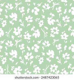 All over vector seamless repeat pattern with ditsy tossed white flowers on light celadon green background. Simple and versatile retro cottage everyday ditsy floral backdrop in calming green tones