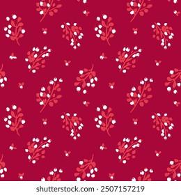 All over vector seamless repeat pattern with ditsy tossed white and red flowers on cranberry background. Christmas ditsy floral backdrop in cheerful reds.