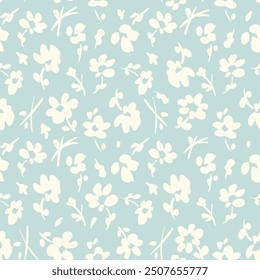 All over vector seamless repeat pattern with ditsy tossed cream flowers on light teal blue background. Simple and versatile retro cottage everyday ditsy floral backdrop. Shabby chic floral backdrop.