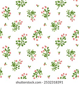 All over vector seamless repeat pattern with ditsy tossed green and coral pink flowers on white background. Easter, everyday, Christmas ditsy floral backdrop for fashion, home decor, bedding sheets