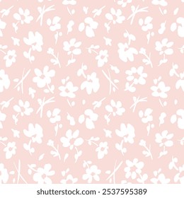 All over vector seamless repeat pattern with ditsy tossed white flowers on light soft pink blush background. Simple and versatile retro cottage everyday ditsy floral backdrop. Shabby chic floral.