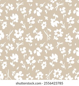 All over vector seamless repeat pattern with ditsy tossed white flowers on light soft tan background. Simple and versatile retro cottage everyday ditsy floral backdrop. Shabby chic floral.