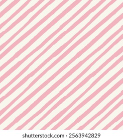 All over vector seamless repeat pattern with skinny bias diagonal soft pink and white hand drawn stripe. Versatile baby girl and everyday backdrop in soft colors.