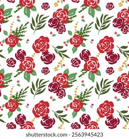 All over vector seamless repeat pattern with tossed ditsy red rose flower bouquets with greenery and gold accents on white background. Christmas ditsy floral backdrop in cheerful reds.