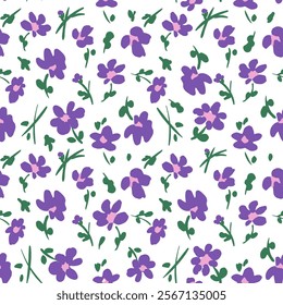 All over vector seamless repeat pattern with ditsy tossed purple flowers with green leaves on white background. Simple and versatile retro cottage everyday ditsy floral backdrop. Shabby chic floral.