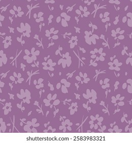 All over vector seamless repeat pattern with ditsy tossed warm purple flowers in tonal mauve palette. Simple and versatile retro cottage everyday ditsy floral backdrop. Shabby chic floral for quilting