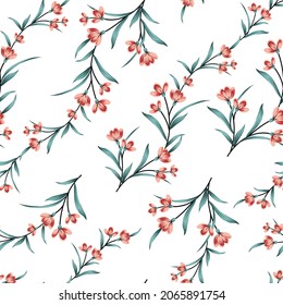 überall auf Vektorgrafik kleine rosa Blumen mit grünem Laubmuster auf Weiß