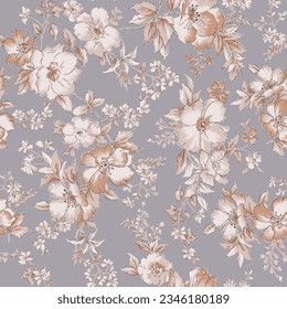 all over vector stock brown flowers with leaves pattern on grey background