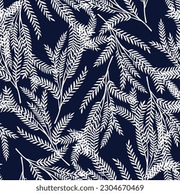 all over white seamless floral vector small leaves pattern on navy background