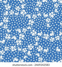 all over white seamless floral vector small flowers with leaves pattern on blue background