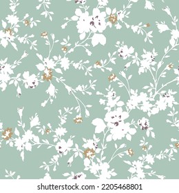 all over white seamless vector flowers with leaves pattern on green background