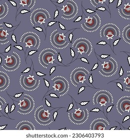 all over white seamless vector stock flowers pattern on violet background