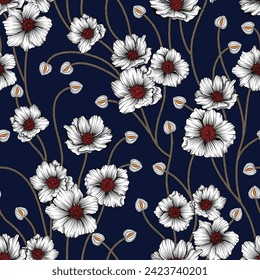 all over white seamless vector stock flowers pattern on navy background